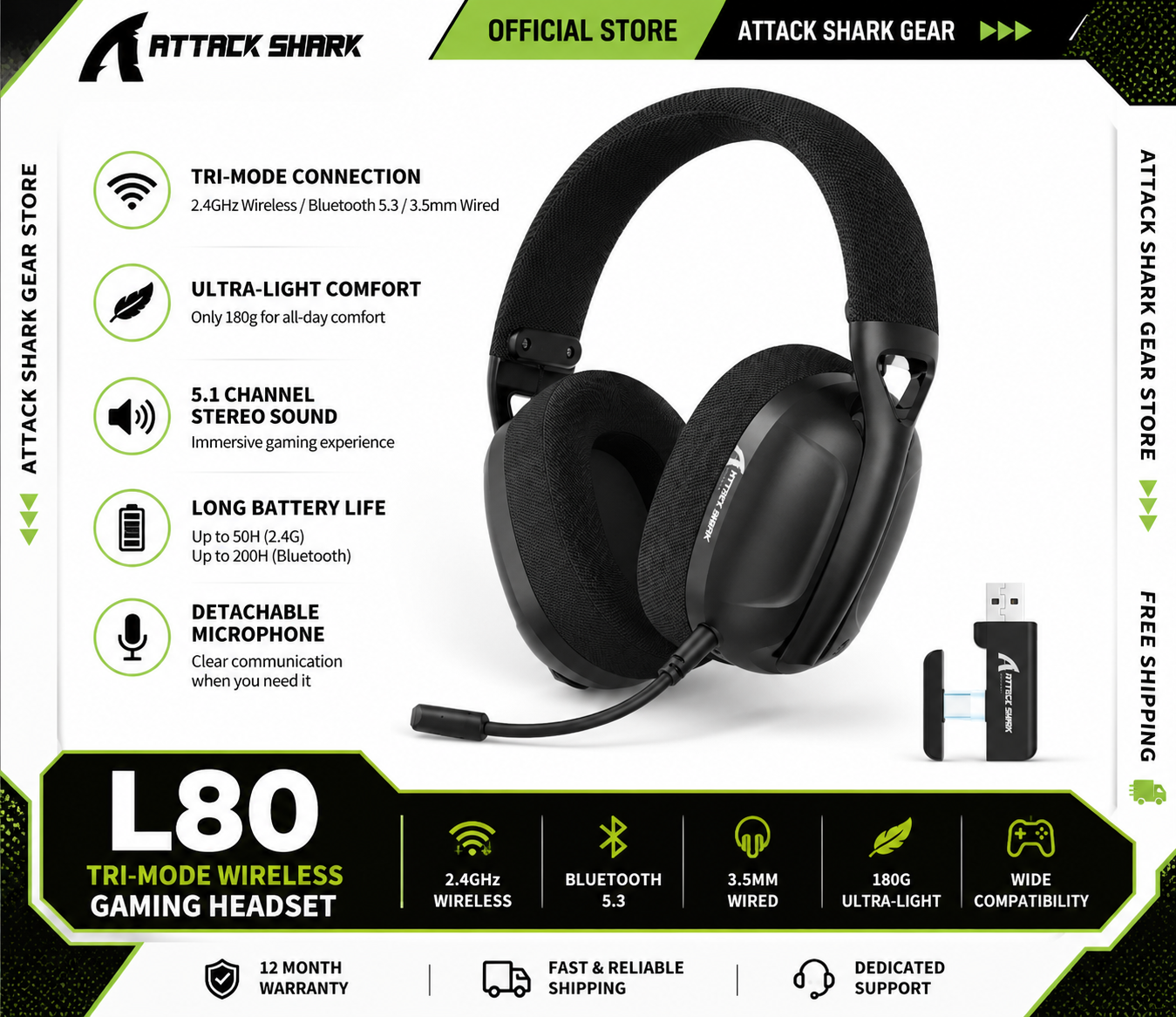 ATTACK SHARK L80 Tri-Mode Wireless Gaming Headset