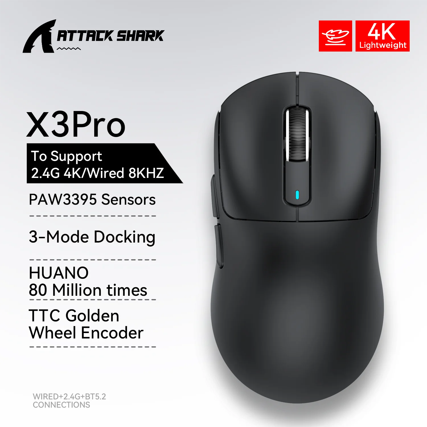 Attack Shark X3 / X3 Pro Wireless Gaming Mouse – PAW3395 Sensor, 26,000 DPI, Tri-Mode Bluetooth/2.4GHz/USB