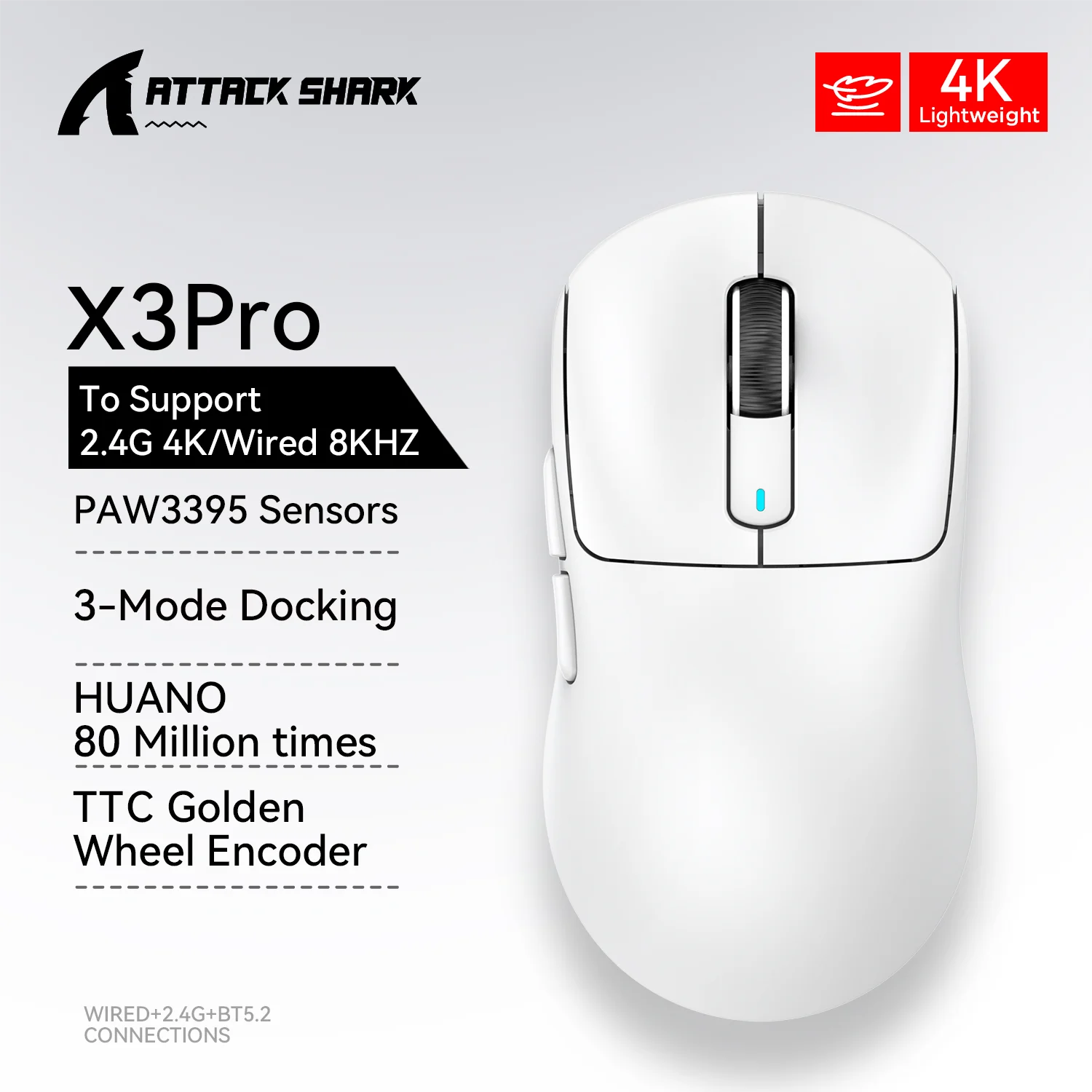 Attack Shark X3 / X3 Pro Wireless Gaming Mouse – PAW3395 Sensor, 26,000 DPI, Tri-Mode Bluetooth/2.4GHz/USB