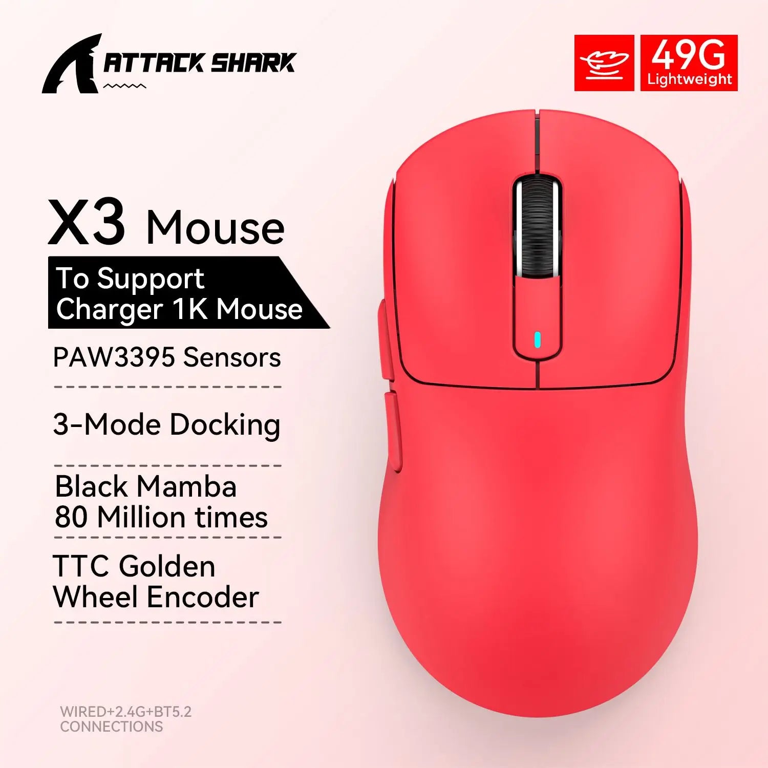 Attack Shark X3 / X3 Pro Wireless Gaming Mouse – PAW3395 Sensor, 26,000 DPI, Tri-Mode Bluetooth/2.4GHz/USB