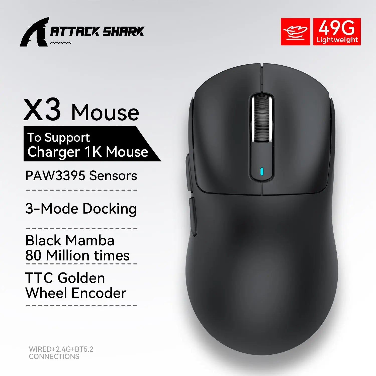 Attack Shark X3 / X3 Pro Wireless Gaming Mouse – PAW3395 Sensor, 26,000 DPI, Tri-Mode Bluetooth/2.4GHz/USB