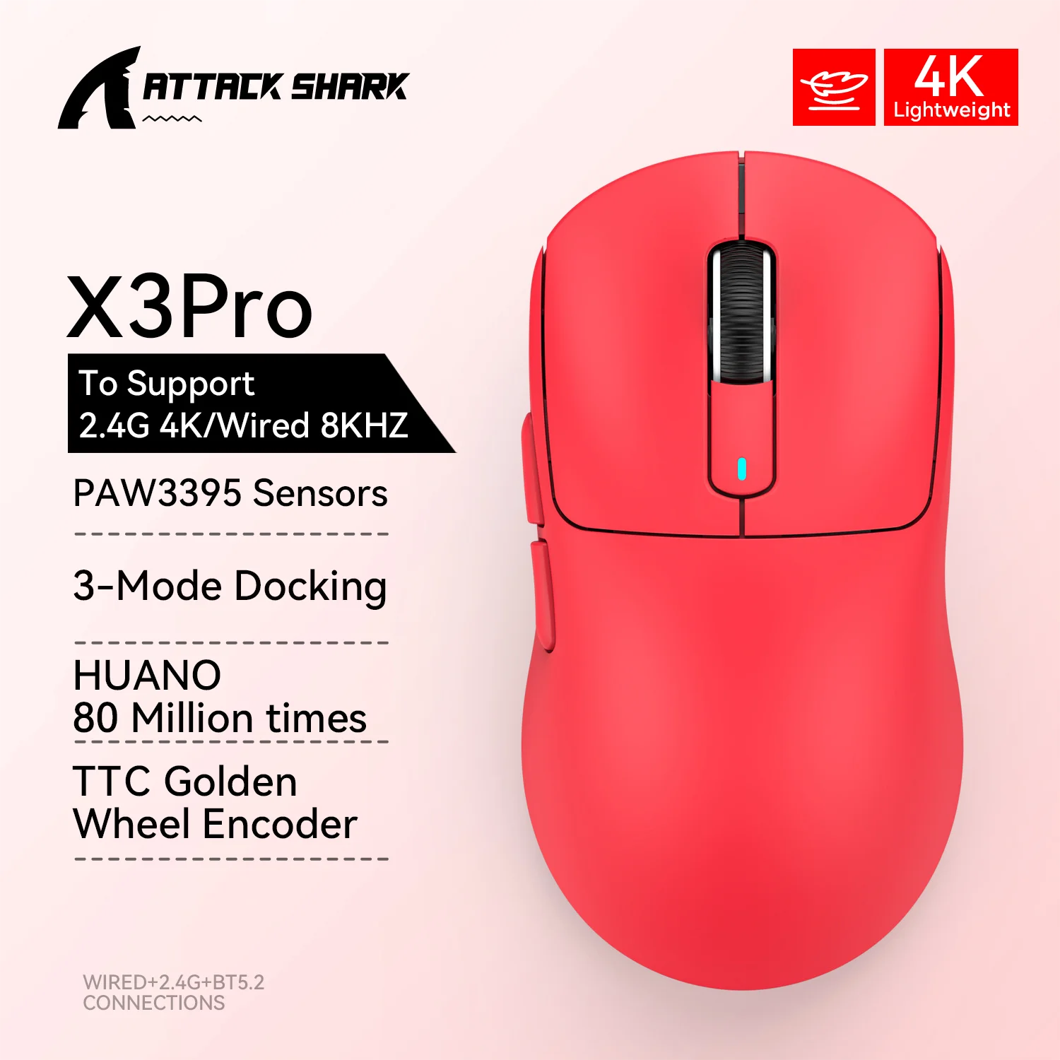 Attack Shark X3 / X3 Pro Wireless Gaming Mouse – PAW3395 Sensor, 26,000 DPI, Tri-Mode Bluetooth/2.4GHz/USB