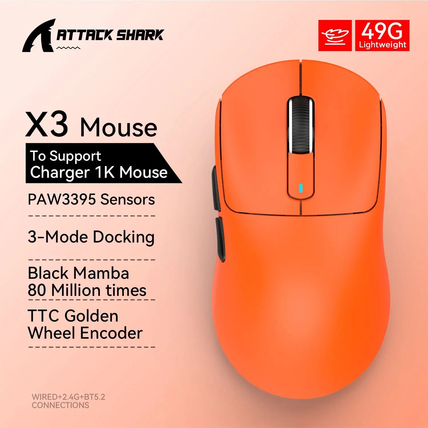 Attack Shark X3 / X3 Pro Wireless Gaming Mouse – PAW3395 Sensor, 26,000 DPI, Tri-Mode Bluetooth/2.4GHz/USB