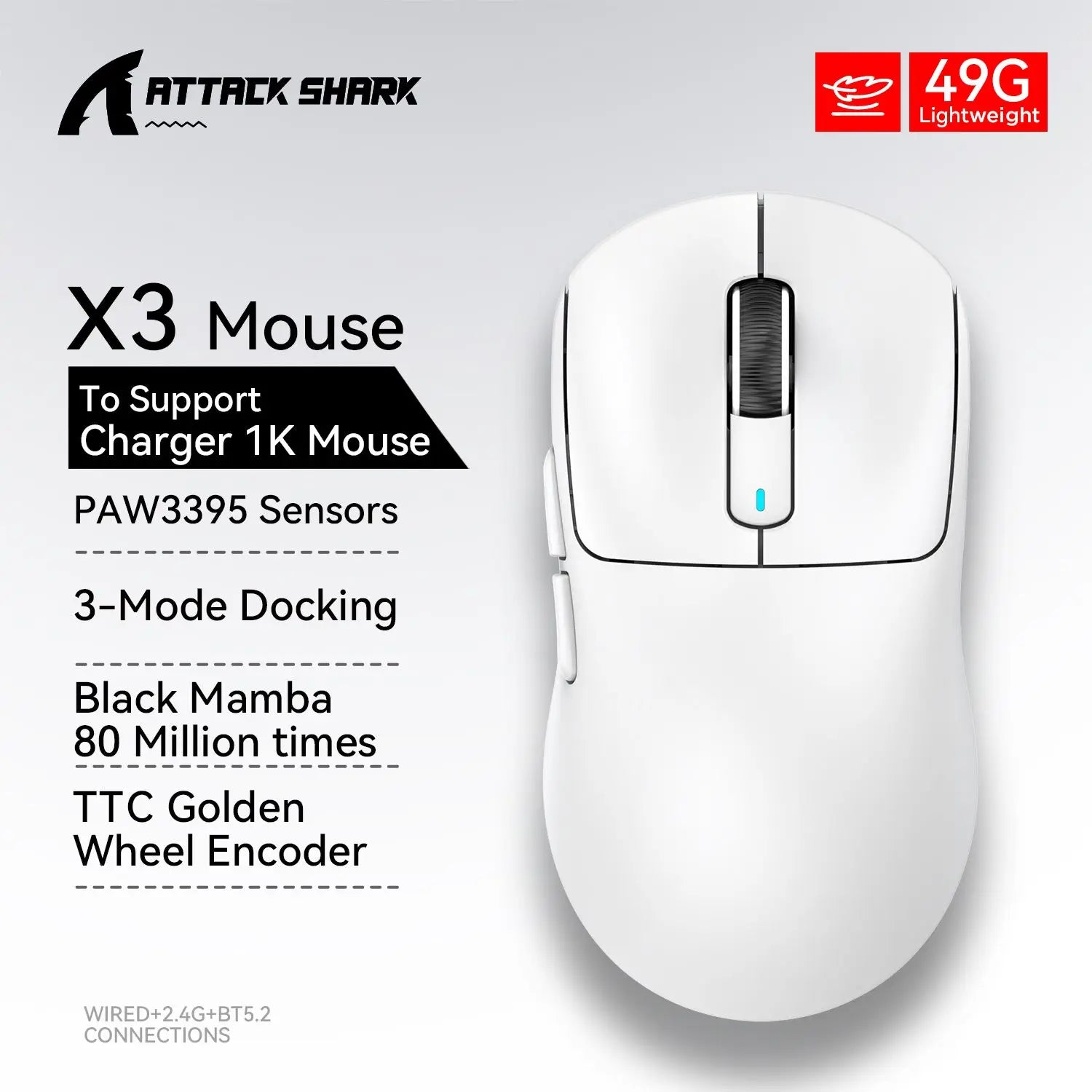 Attack Shark X3 / X3 Pro Wireless Gaming Mouse – PAW3395 Sensor, 26,000 DPI, Tri-Mode Bluetooth/2.4GHz/USB